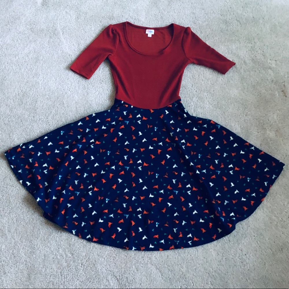Gorgeous LuLaRoe Navy and Rust Bird Nicole Dress